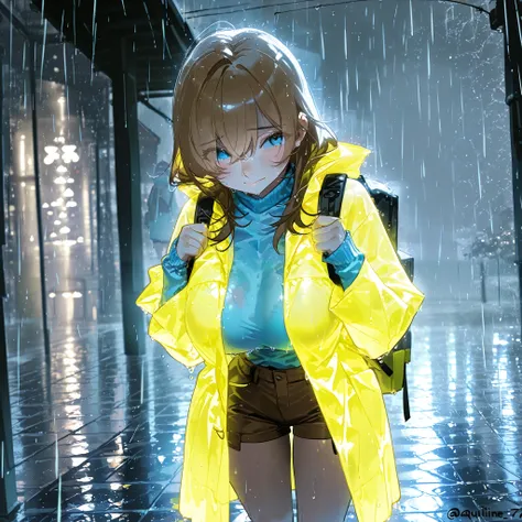 1girl, cute innocent girl, huge breasts, small hips, wearing a blue sweater and dull yellow rain coat, brown kakhi shorts, blue eyes, brown medium length hair, backpack she is walking across a college campus, (aquiline nose), eyes visible through hair,  so...