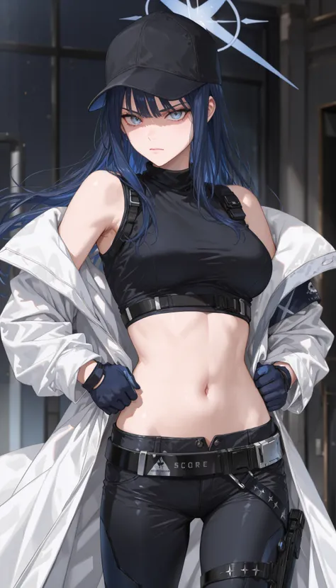 (((high quality, 4K)))score_9 , score_8_up , score_7_up , source_anime , saorijoumae , saori joumae , blue eyes , blue hair , halo , long hair , bare arms , bare shoulders , belt , black headwear , black pants , black shirt , blue gloves , crop top , glove...