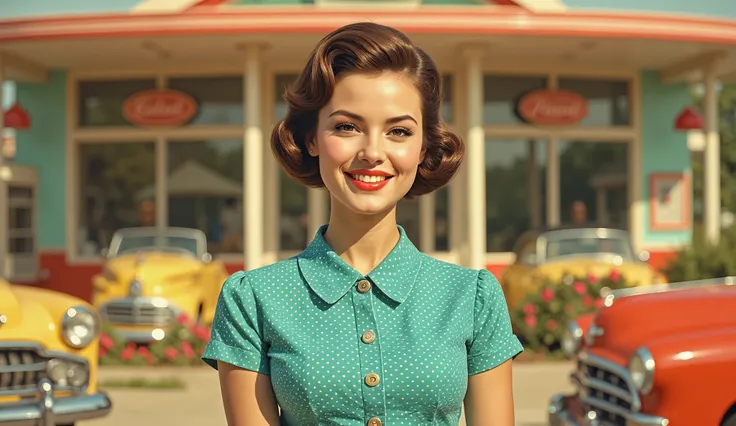 Young woman, mid-20s, light skin, with classic 1950s hairstyle, wearing a teal, polka-dotted, button-down top, with a decorative pearl hair clip. Smiling warmly, with expressive eyes and full lips. She stands confidently in a vintage-style gas station ...
