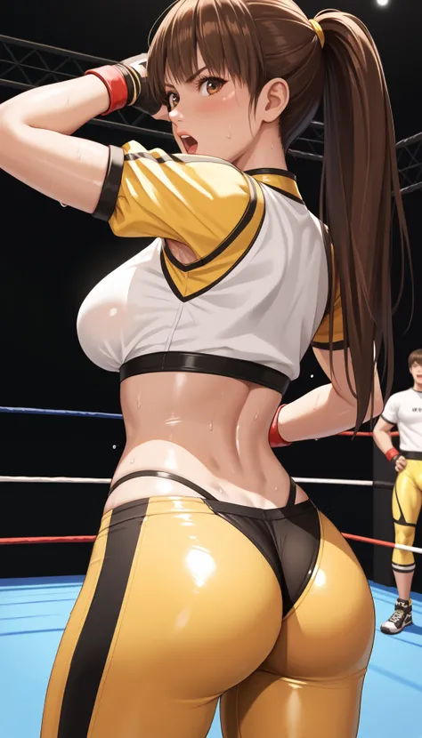 LeiFangDOA, brown hair, (long brown straight hair:1.5), shiny crop top, shiny yellow leggings, undressing leggings:1.5, short sleeves, fingerless gloves, breasts, looking back, armpits, gasp, be breathless, sweat, sparkling sweat, trembling, brown eyes, br...