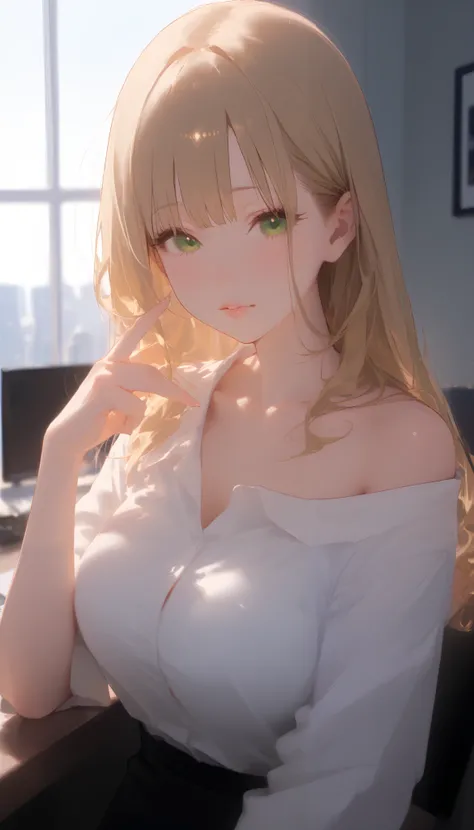 1woman, Alone, super long hair, blonde gradient hair, The gesture of brushing back bangs with the right hand, clear skin, bare shoulder, white blouse, large breasts, Gaze upwards, office background, dramatic lighting, upper body, Sexy lips, ruddy lips, Glo...