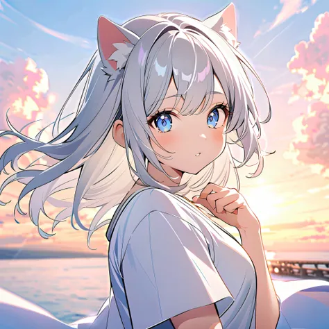 8k, girl with dog ears silver hair, White Ear, New life,A new day