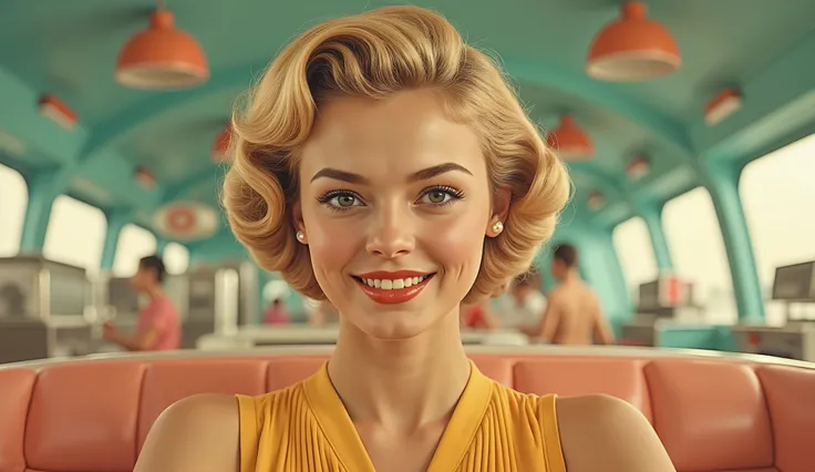 Smiling young woman with blonde pin-up hairstyle in a yellow sleeveless dress; 20s-30s; light skin; stylish, classic 1950s pin-up aesthetic; subtle makeup; pearly earrings; slight smile with visible teeth; relaxed, confident pose; seated; leaning slig...