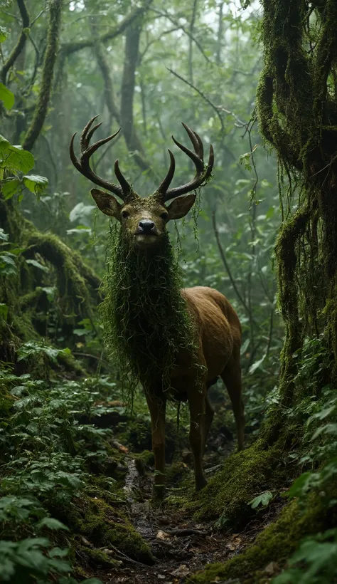 Dangouns jungle deer trapped demon plants vins roots clamp , hyper realistic highly appreciated, highly detailed, 8k ultra HD.