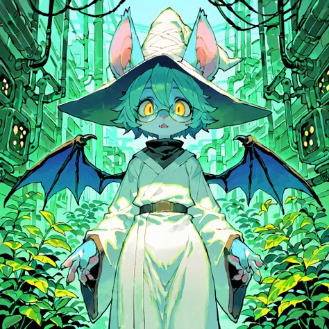 masterpiece , newest , absurdres , score_9, score_8_up, score_7_up, score_6_up, safe, 1girl, solo , wings , furry , furry female , with blue fur , looking at viewer, robe, scientist, technology, eco, mystical, plants, cyberpunk, wizard hat, glasses, golden...