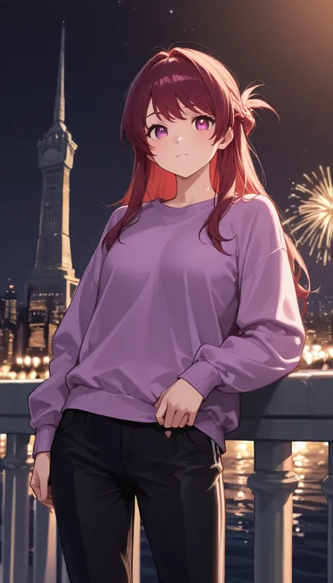 highdefinition images、 night city、 Statue of Liberty illuminated by moonlight、 1 girl、 one person、 facial details 、 maroon hair、 beautiful eyes、 watching viewers 、 Whole body highdefinition images、 girl walks along the Hudson River with heavy traffic ...