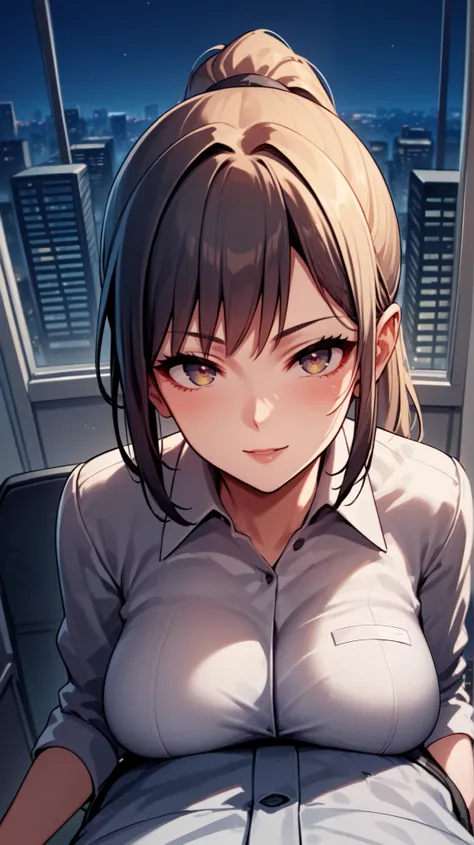 score_9, score_8_up, score_7_up, source_anime, 
1girl, standing, breast press, looking at viewer,  solo focus, office lady, ponytail , bangs
 1boy,  pov, hetero,
windows, night, cityscape,
 