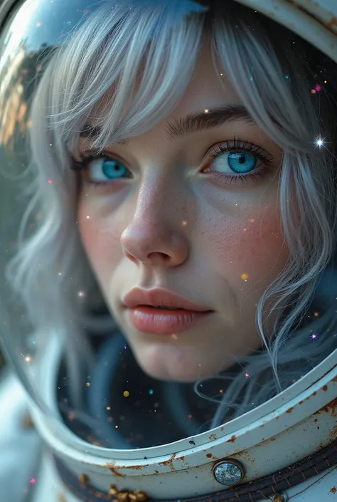 Close-up of an improved masterpiece:1.5)0.9], ( Space and Astronauts:1.2) ( Untidy silver hair:1.1) ( heterochromia: xanthochromia and blue eyes:1.2) (Space helmet:1.0) (colored stars in the eyes:1.0) (A radiant glow:1.1) (Thick lips:0.9)