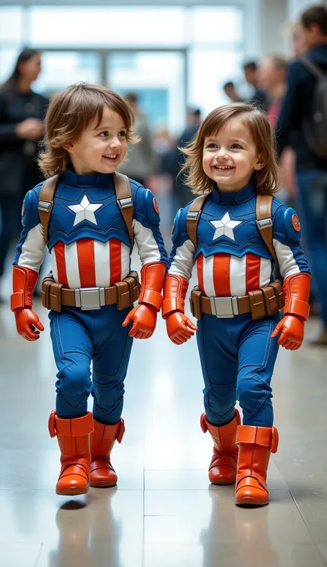 character: 1 baby boy, and 1 baby girl. They have brown hair and They have European faces.
action: Walk straight and look straight ahead.
Expression : smiling.
Costume : they Wearing futuristic white blue orange captain America body suit.
Background ...