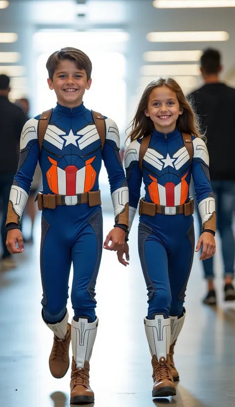 character: 1 boy, and 1 girl. They have brown hair and They have European faces.
action: Walk straight and look straight ahead.
Expression : smiling.
Costume : they Wearing futuristic white blue orange captain America body suit.
Background : A bright...