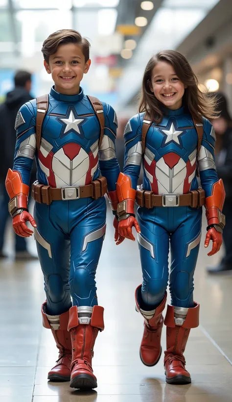character: 1 boy, and 1 girl. They have brown hair and They have European faces.
action: Walk straight and look straight ahead.
Expression : smiling.
Costume : they Wearing futuristic white blue orange captain America body suit.
Background : A bright...