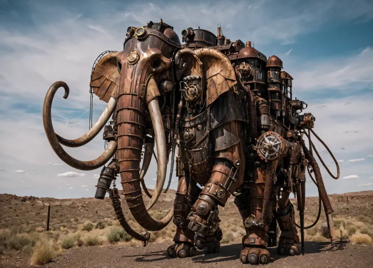 cinematic photo Mechanical cyborg (mammoth), (((steampunk))), rusty old armor, old metal, robot, (((full body visible))), wires, realistic, creepy, scary, cables, apocalyptic background, looking at viewer, portrait, photography, detailed skin, realistic, p...