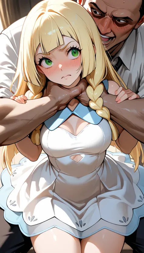 1girl, 1lillie , ultra cute, ultra sexy, ecchi, cutesy, ((Busty Bitches)),  dumb bitch, absolutely stupid skank, white dress, ((getting strangled by 1guy)), Masterpiece, Best Quality 