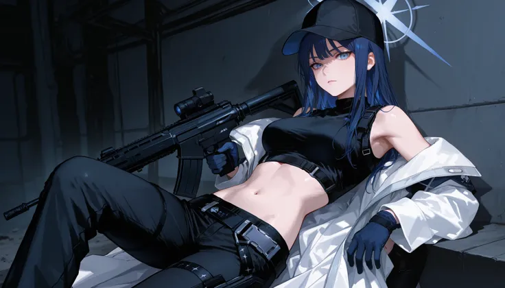 score_9 , score_8_up , score_7_up , source_anime , saorijoumae , saori joumae , blue eyes , blue hair , halo , long hair , bare arms , bare shoulders , belt , black headwear , black pants , black shirt , blue gloves , crop top , gloves, midriff , navel, sh...