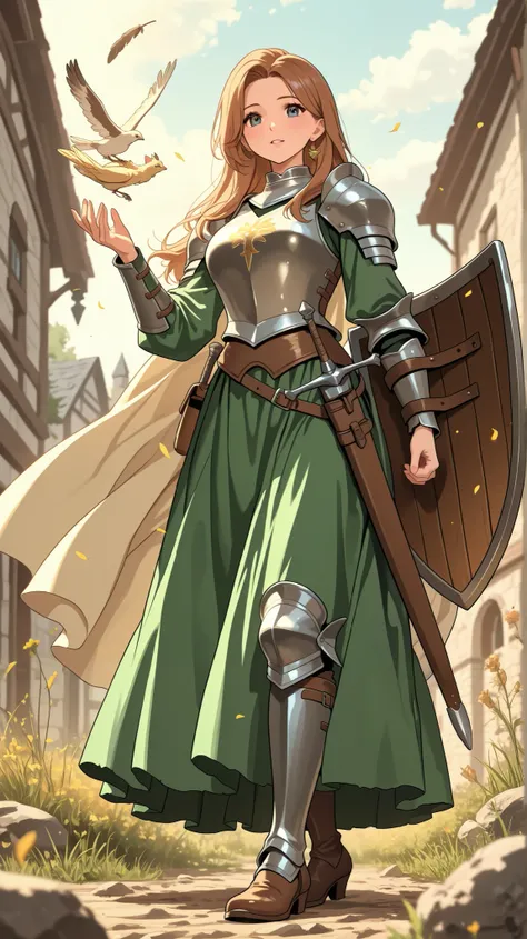 woman、 medieval knight 、 Gold、 shield on left hand、 Prairie in the Daytime