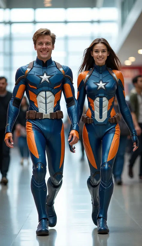 character: 1 young man, and 1 young woman. They have brown hair and They have European faces.
action: Walk straight and look straight ahead.
Expression : smiling.
Costume : they Wearing futuristic white blue orange captain America body suit.
Backgrou...