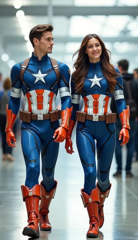 character: 1 young man, and 1 young woman. They have brown hair and They have European faces.
action: Walk straight and look straight ahead.
Expression : smiling.
Costume : they Wearing futuristic white blue orange captain America body suit.
Backgrou...