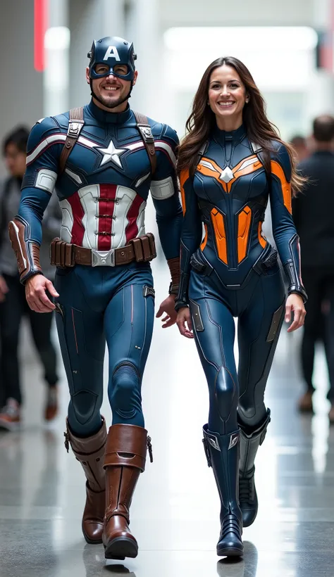 character: 1 man with mask full head,  and 1 woman. They have brown hair and They have European faces.

action: Walk straight and look straight ahead.

Expression : smiling.

Costume : they Wearing futuristic white blue orange captain America body suit.

 ...