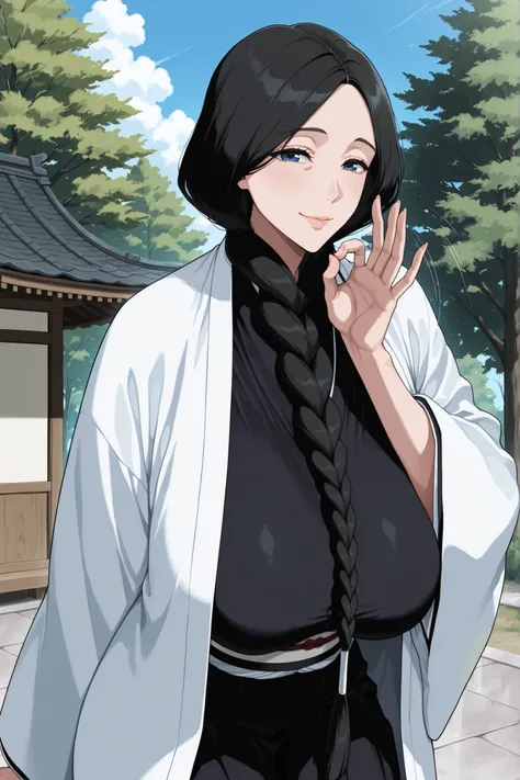 masterpiece,best quality, amazing quality, very aesthetic,anime screencap ,1girl, solo, run0hana, black hair, single braid, dark blue eyes, huge breasts, white haori, wide sleeves, black kimono, obi, black hakama, looking at viewer,mature female, old woman...