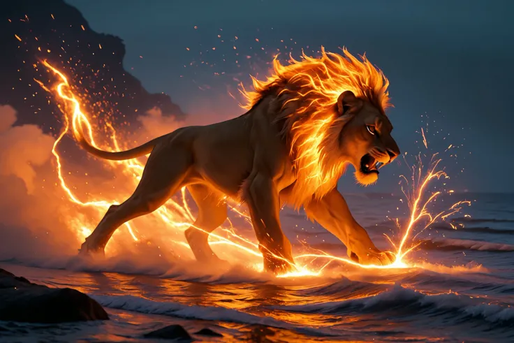 An ultra-realistic digital painting of two colossal lions locked in a ferocious battle, facing each other with raw intensity and power. Their muscles are tensed, claws slashing through the air, and fangs gleaming as they roar with primal fury. Dust and spa...