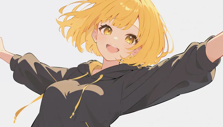 flat color, 
1girl, solo, 
yellow hair, bob cut, yellow eyes,
smile, dancing, upper body, from below, 
hoodie, 
simple background, dark background,