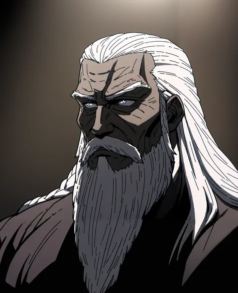 Anime, dark, silver fang, gothic, (sharp focus:1.2), an award winning anime image of an old warrior, thunderstorm outside, lightning back lighting, , long braided white hair, long beard, lines on face, wrinkles, extremely detailed skin, sadness, hopelessne...