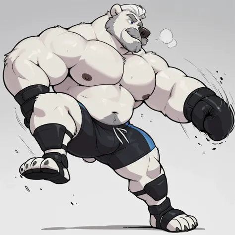 huge muscular polar bear at ZPD's gym, big strength, polar bear, huge white fur, thick arm, huge arm, added thick gray mustache, added thick gray beard. Short white hair, (thick muscular, pectoral, wide pectoral, thick arms), 220cm weight: 254kg, gray eyeb...