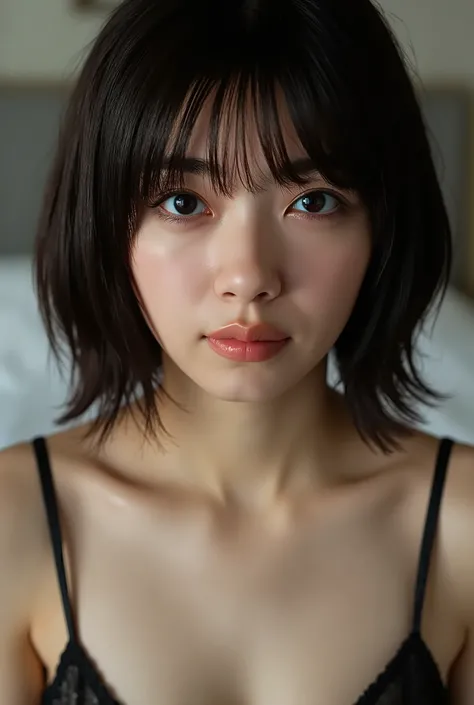 (( Best Quality )), ((masterpiece)), ( details), First-person perspective ,1 girl, sexy,( Bring Your Face Closer ),((Open Her Mouth )),((Big Breasts, underwear, Short Bob Hair)), black hair , ((Small eyes, without makeup))