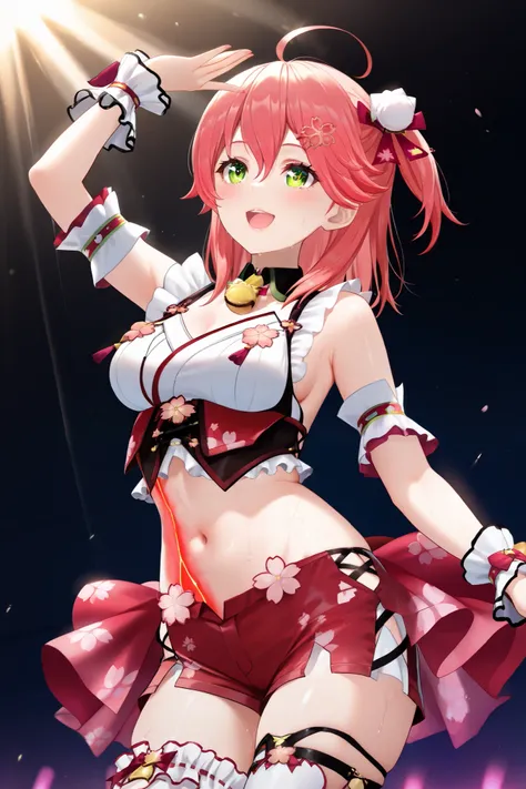 (Sakura miko, MikoIdol, medium hair, two side up, pom pom hair ornament, black choker, neck bell, red tubetop, red shorts, midriff, white thighhighs, wrist cuffs, sleeveless),(1girl, solo, breasts, hollowed stomach, sweat,Live stage,dance posing,smile,open...