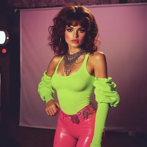 Create a professional photo of a beautiful woman standing confidently in the center of the frame, fully embracing the vibrant spirit of the 1980s. She wears a neon green bodysuit paired with bright pink tights, colorful leg warmers, and a matching headband...