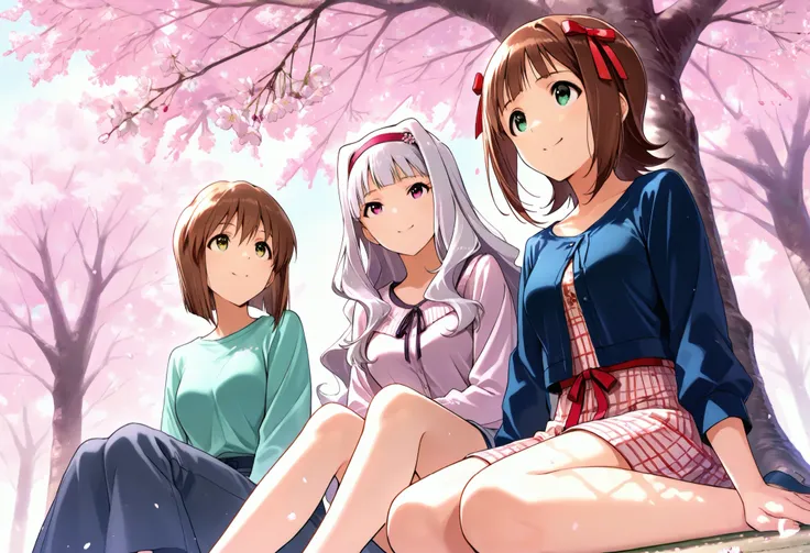 score_9 , score_8_up , score_7_up , source_anime ,(3 girls), Shijou Takane, white hair, long hair, purple eyes, Simple headband, BREAK, Hagiwara Yukiho, brown hair, short hair, brown eyes, BREAK, Amami Haruka, brown hair, short hair, Jade Eyes, Ribbons on ...