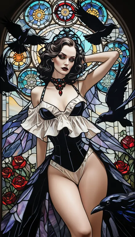 Gothic Raven Stained Glass Canvas | Dark Fantasy Crow Art | Intricate Glass Mosaic Design | Vintage Noir Aesthetic | Hauntingly Elegant Wall Décor | Framed Statement Piece | Victorian-Inspired Mystique | Bold & Dramatic Home Accent | Trendy Gothic Kitsch