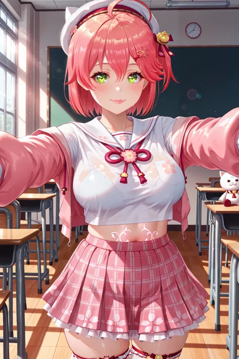 no belly tattoos,(Sakura miko, MikoSchool, ahoge, short hair, hairclip, white headwear, school uniform, white shirt, sailor collar, pink skirt, plaid, thighhighs, pink jacket),(1girl, solo, big breasts, hollowed stomach, sweat,school,class room,smile,cheer...