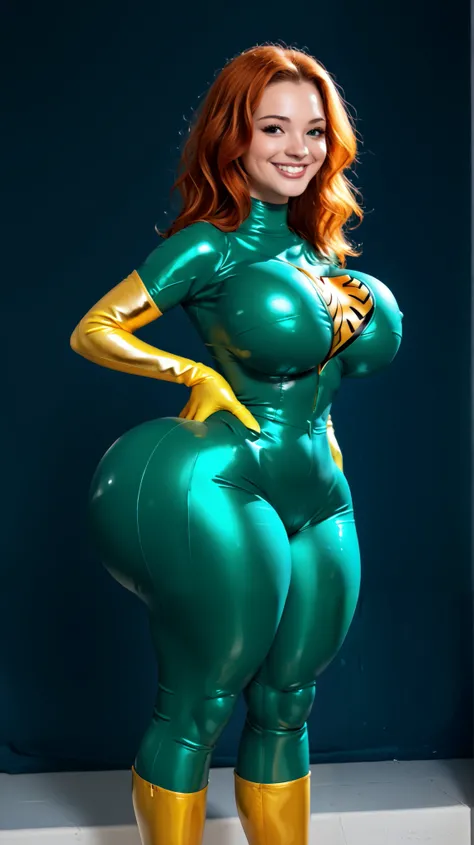 score_9, score_8_up, score_7_up, 1girl, JeanGrey, phoenix bodycon suit,green bodycon suit ,gold elbow gloves, gold thigh highs, large pass, large plumpy breasts, large plumpy buttocks, gigantic breast, happy, smile, zPDXL,