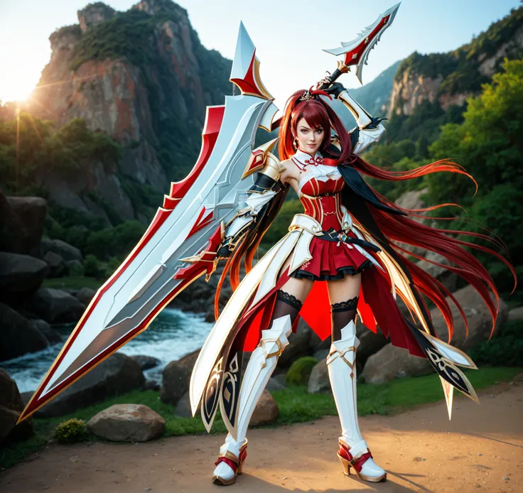 Açık havada bir kılıç tutan kırmızı ve beyaz kıyafetli 20 yaşında bir woman, rias gremory, white and red armor, woman , erza scarlet as a real person, woman kızıl saçlı tapınakçı , elesis elsword, you are suffering, Beidou Genshin Impact, as Yuuki, offi...