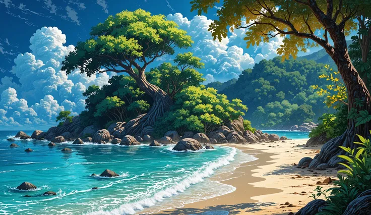 A vibrant tropical island surrounded by turquoise waters, with towering, ancient trees that have glowing fruit and oversized, multi-colored leaves. The beach is covered in sparkling sand, and gentle waves lap at the shore.
