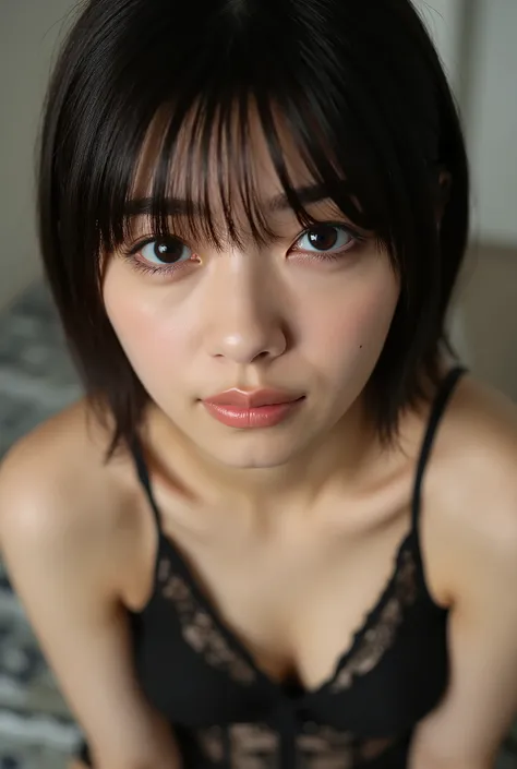 (( Best Quality )), ((masterpiece)), ( details),    First-person perspective   ,1 girl,     sexy,(         Bring Your Face Closer ),((Open Her Mouth )),((Big Breasts, underwear, Short Bob Hair)),  black hair  , ((Small eyes,  without makeup))