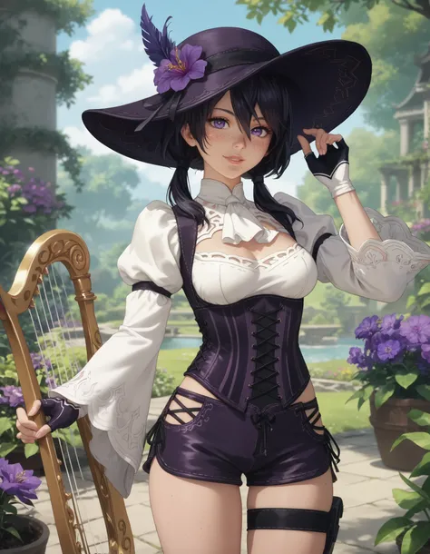 score_9, score_8_up, score_7_up, source_anime, anime_screencap, solo, nier2b, 1girl, purple eyes, detailed eyes, lips, smile, white ascot, wide sleeves, long sleeves, white shirt, feather hat, hat, purple hat, tricorne, low twintails, medium hair, hair bet...