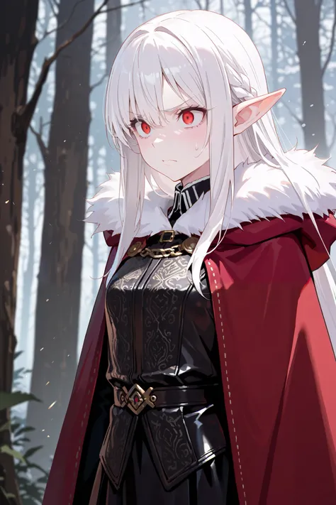 Masterpiece, best quality, 8k, dramatic lighting, 1girl, white hair, solo, long hair, angry, expressive eyes, intense expression, crazy eyes, red eyes, red pupils, pointed ears, Elf, black leather vest, small breasts, albino,(eye wrinkles), ((long sleeve ,...