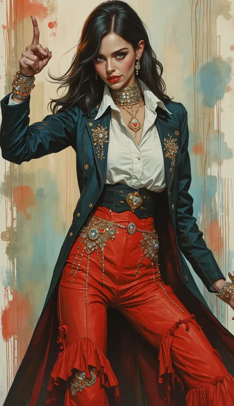 Full body with long legs, unique beauty, big happy smile, amazing diamonds filled ornate suit and white blouse loose fit and red skirt, action pointing a weapon, a true villain for James Bond, watercolor or oil painting poster pin-up 1980’s fashion style D...