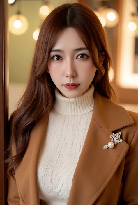 「An elegant Asian woman's upper-body portrait wearing a cream-colored cable-knit turtleneck paired with a caramel wool coat, adorned with pearl brooch and lace details on the collar, chestnut curls cascading over shoulders. Randomized background featuring ...