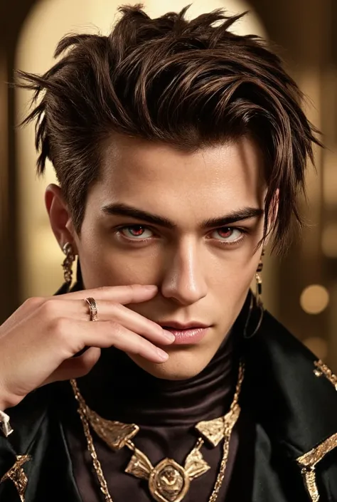 Men have long, slender eyes((赤と黄の二色髪))短いspiked hair((Big red eyes with strong angles)) smooth skin、Man is a 27 year old top model、Luxurious Necklaces, Earrings, and Bangles、Smile like a male idol、Thin chin and cheeks、 look at viewer((Show the viewer the pr...