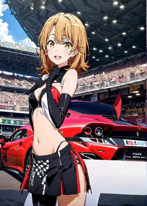 Irohaisshiki, Isshiki Iroha , Alone,short hair, black cock, brown eyes,smile,cover,open your mouth,
race queen, checkered [flag, [flag, gloves, Chest, skirt, belly button, black gloves, holding [flag, elbow gloves, Hi-Reg,Bare legs,Knee-high boots perfect ...