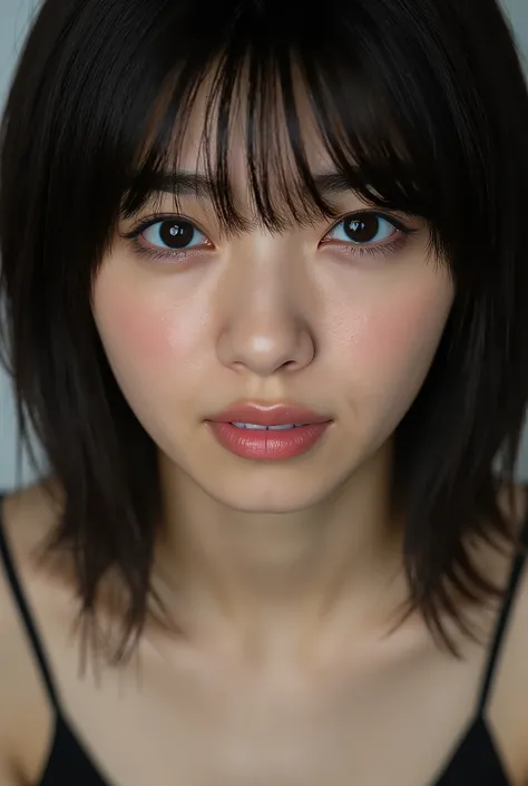(( Best Quality )), ((masterpiece)), ( details), First-person perspective ,1 girl, sexy,( Bring Your Face Closer ),((mouth wide open )),((Big Breasts, underwear, Short Bob Hair)), black hair , (( without makeup, small eyes))