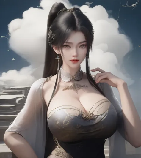 girl,solo,dress,earrings,jewelry,long hair,chinese clothes,cloud,ponytail,brown hair,looking at viewer,sky,china dress,brown eyes,hair ornament,black hair,hand up, high hip slit dress, exposed slit dress, revealing thights and hip and groin,  top quality, ...