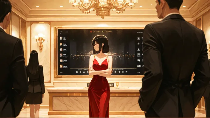 A luxurious ballroom in a five-star hotel, filled with Seoul’s elite. A large LED screen displays a glamorous engagement announcement with photos of a chaebol couple. In the foreground, a young woman with long, straight black hair and a sleek red dress sta...