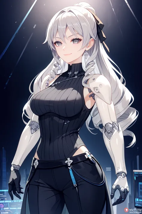 absurdres, (((HD))), (((Ultra High Quality))), ((hyper detailed)), ((Ultra High Resolution)), (Highly rendered), ((detailed eyes)), (((8K))), ((perfect face)), ((masterpiece)), 1girl, tall, silver hair, drill hair, silver eyes, smirk, Bronya, medium breast...