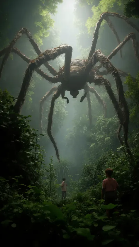 The camera looks up in a dense forest as a giant tall poisonous spider crawling over people's heads、 8K resolution on the front、 Realistic Textures 、cinematic lighting、depth of field。