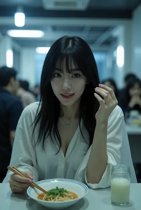 Capture a stunning Japanese actress during a break on a horror film set. She has a ghostly pale complexion, unhealthy skin tone, and deep purple lips, which enhance her eerie presence. Her long, disheveled black hair falls in a single length around her sho...