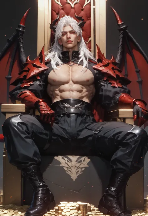 Anime illustration semi-realism of Chinese human dragon hybrid male, semi realistic, shirtless under armor, muscular, very broad shoulders, smaller waist, slightly muscular body, Asian eyes, monolid eyes, long hair, (((long white hair))), pretty lips, (((r...